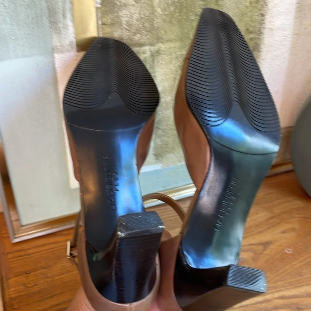 💐 Liz Clayborne medium brown leather ankle strap square pointed toe heels